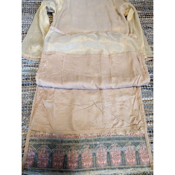 Hayat Embroidered Beige Pink Green Floral Kurti Dress S/M Ethereal Special Occas - Picture 9 of 14